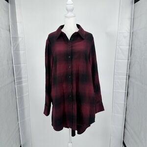 Lisa Rinna Collection Plaid High-Low Drop Tail Tunic Shirt‎ Burgundy Black M